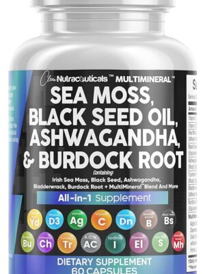 Sea Moss 3000mg Black Seed Oil 2000mg Ashwagandha 1000mg Turmeric 1000mg Bladderwrack 1000mg Burdock 1000mg & Vitamin C & D3 with Elderberry Manuka Dandelion Yellow Dock Iodine Chlorophyll ACV